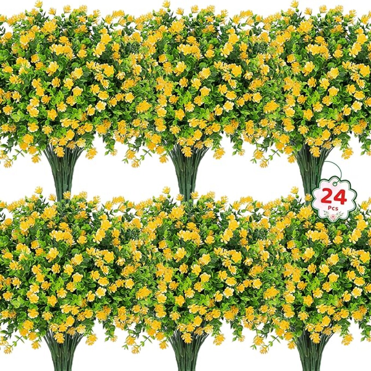 24 Bundles Artificial Flowers for Outdoors, UV Resistant Eucalyptus Fake Flowers Shrubs Greenery Plastic Plants for Garden Porch Window Box Farmhouse Indoor Home Decor, Yellow